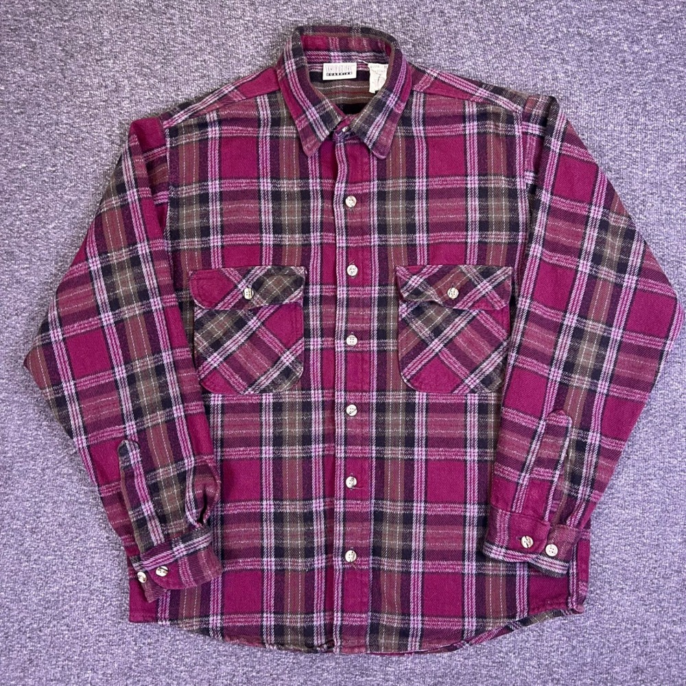 VTG 70s Flannel Shirt Mens M Red Plaid Long Sleeve Button Work Guardian USA Made